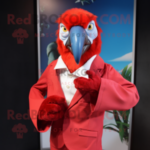 Red Macaw mascot costume character dressed with a Dress Shirt and Cufflinks