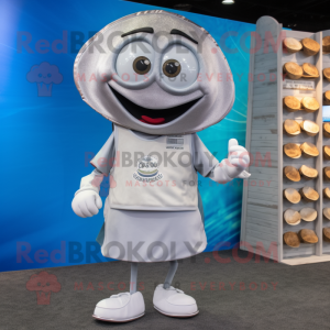 Silver Clam Chowder mascot costume character dressed with a Board Shorts and Coin purses