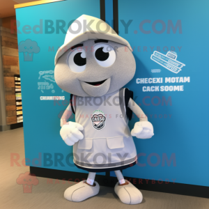 Silver Clam Chowder mascot costume character dressed with a Board Shorts and Coin purses