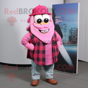 Pink Cod mascot costume character dressed with a Flannel Shirt and Shawl pins