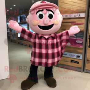 Pink Cod mascot costume character dressed with a Flannel Shirt and Shawl pins