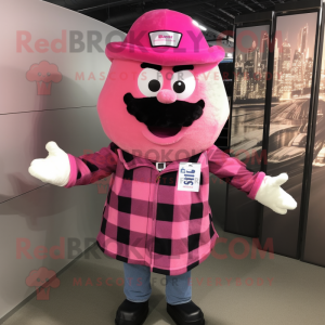 Pink Cod mascot costume character dressed with a Flannel Shirt and Shawl pins