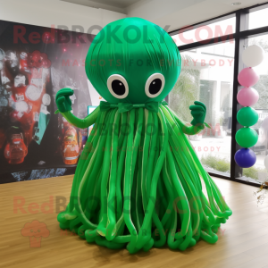 Forest Green Jellyfish mascot costume character dressed with a Ball Gown and Bow ties
