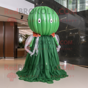 Forest Green Jellyfish mascot costume character dressed with a Ball Gown and Bow ties