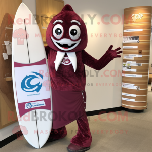 Maroon Surfboard mascot costume character dressed with a Yoga Pants and Scarf clips
