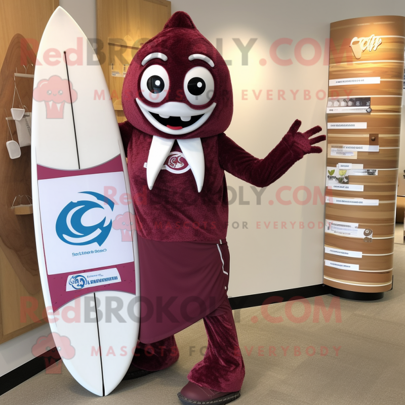 Maroon Surfboard mascot costume character dressed with a Yoga Pants and Scarf clips Maroon Surfboard mascot costume character dressed with a Yoga Pants and Scarf clips