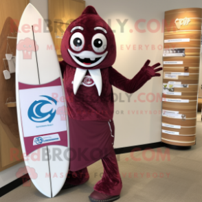 Maroon Surfboard mascot costume character dressed with a Yoga Pants and Scarf clips