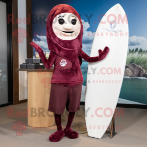 Maroon Surfboard mascot costume character dressed with a Yoga Pants and Scarf clips