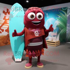 Maroon Surfboard mascot costume character dressed with a Yoga Pants and Scarf clips