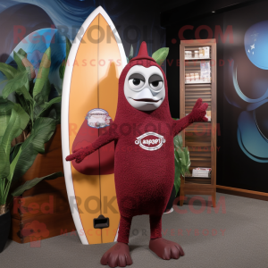 Maroon Surfboard mascot costume character dressed with a Yoga Pants and Scarf clips