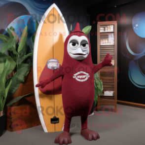 Maroon Surfboard mascot costume character dressed with a Yoga Pants and Scarf clips
