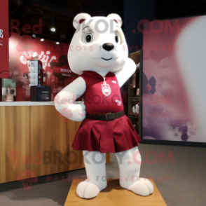 Maroon Ermine mascot costume character dressed with a Mini Skirt and Suspenders