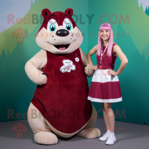 Maroon Ermine mascot costume character dressed with a Mini Skirt and Suspenders