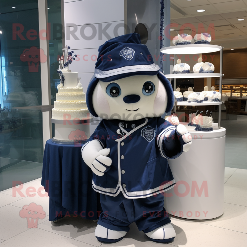 Navy Wedding Cake mascot costume character dressed with a Hoodie and Keychains Navy Wedding Cake mascot costume character dressed with a Hoodie and Keychains