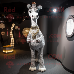 Silver Giraffe mascot costume character dressed with a T-Shirt and Shawl pins