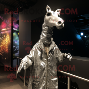 Silver Giraffe mascot costume character dressed with a T-Shirt and Shawl pins