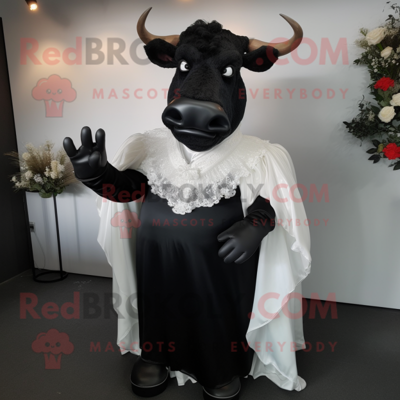 Black Bull mascot costume character dressed with a Wedding Dress and Gloves