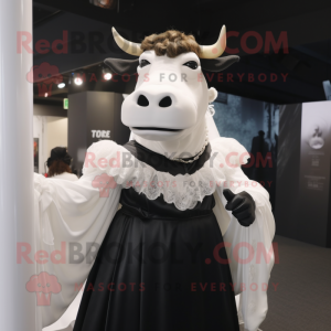 Black Bull mascot costume character dressed with a Wedding Dress and Gloves