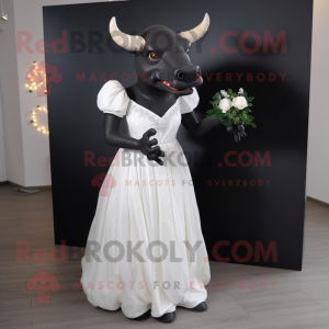 Black Bull mascot costume character dressed with a Wedding Dress and Gloves