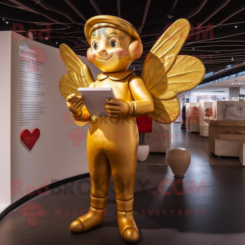 Gold Cupid mascot costume character dressed with a Dungarees and Caps Gold Cupid mascot costume character dressed with a Dungarees and Caps