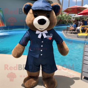 Navy Bear mascot costume character dressed with a One-Piece Swimsuit and Bow ties