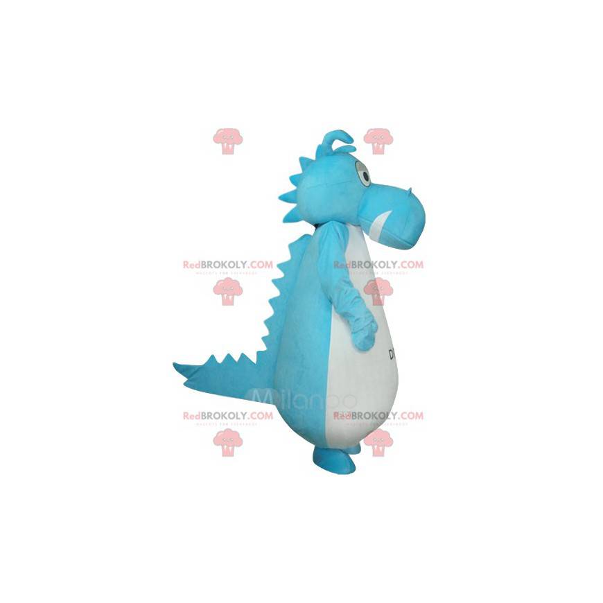 Mascota dinosaurio azul y blanco. Disfraz de dinosaurio -