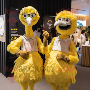 Yellow Ostrich mascot costume character dressed with a Wrap Dress and Smartwatches