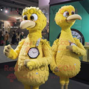 Yellow Ostrich mascot costume character dressed with a Wrap Dress and Smartwatches