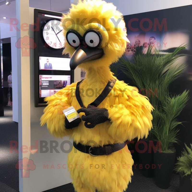 Yellow Ostrich mascot costume character dressed with a Wrap Dress and Smartwatches Yellow Ostrich mascot costume character dressed with a Wrap Dress and Smartwatches