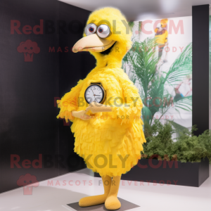 Yellow Ostrich mascot costume character dressed with a Wrap Dress and Smartwatches