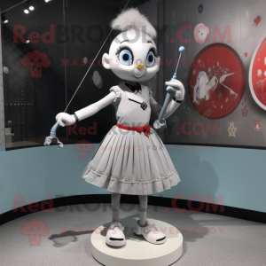 Silver Tightrope Walker mascot costume character dressed with a Skirt and Keychains