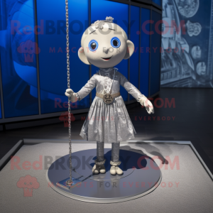 Silver Tightrope Walker mascot costume character dressed with a Skirt and Keychains