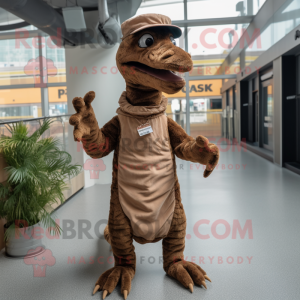 Brown Coelophysis mascot costume character dressed with a Pleated Skirt and Mittens
