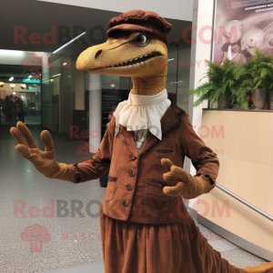 Brown Coelophysis mascot costume character dressed with a Pleated Skirt and Mittens