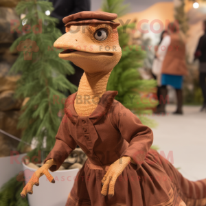 Brown Coelophysis mascot costume character dressed with a Pleated Skirt and Mittens