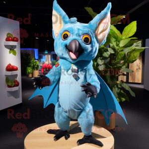 Sky Blue Fruit Bat mascot costume character dressed with a Bodysuit and Earrings