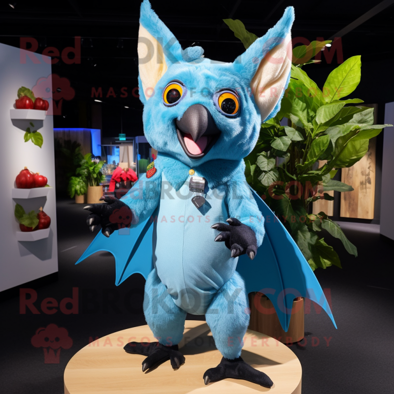 Sky Blue Fruit Bat mascot costume character dressed with a Bodysuit and Earrings Sky Blue Fruit Bat mascot costume character dressed with a Bodysuit and Earrings