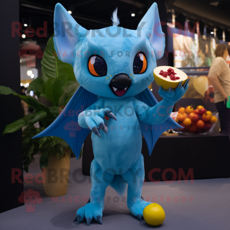 Sky Blue Fruit Bat mascot costume character dressed with a Bodysuit and Earrings