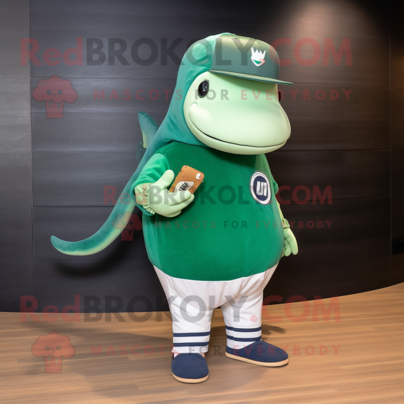 Green Humpback Whale mascot costume character dressed with a Baseball Tee and Smartwatches