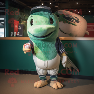 Green Humpback Whale mascot costume character dressed with a Baseball Tee and Smartwatches