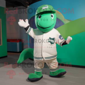 Green Humpback Whale mascot costume character dressed with a Baseball Tee and Smartwatches