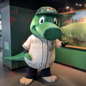 Green Humpback Whale mascot costume character dressed with a Baseball Tee and Smartwatches