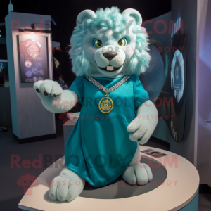Teal Lion mascot costume character dressed with a A-Line Skirt and Necklaces