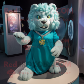 Teal Lion mascot costume character dressed with a A-Line Skirt and Necklaces