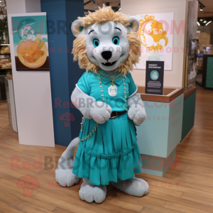 Teal Lion mascot costume character dressed with a A-Line Skirt and Necklaces