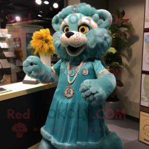 Teal Lion mascot costume character dressed with a A-Line Skirt and Necklaces