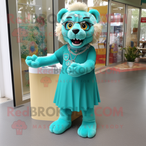 Teal Lion mascot costume character dressed with a A-Line Skirt and Necklaces