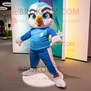 White Blue Jay mascot costume character dressed with a Yoga Pants and Wraps