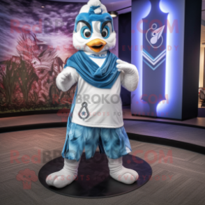 White Blue Jay mascot costume character dressed with a Yoga Pants and Wraps