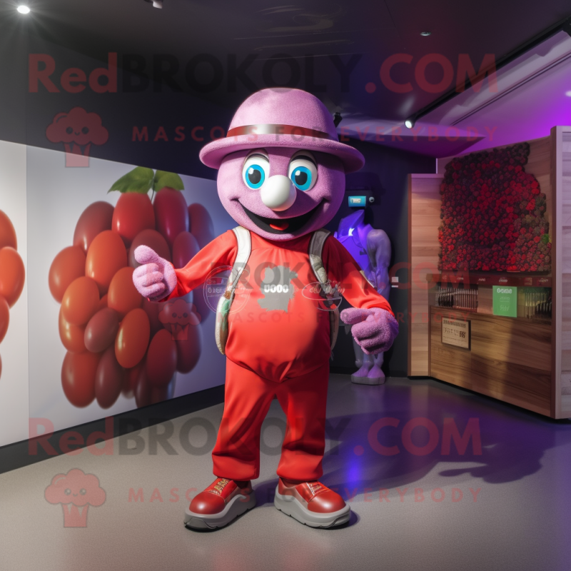 Red Grape mascot costume character dressed with a Graphic Tee and Hats